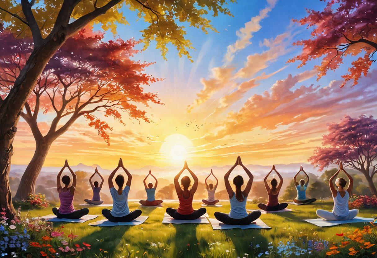 A radiant sunrise illuminating a serene landscape, where diverse people of different ages and backgrounds engage in joyful activities like yoga, laughter, and meditation. Bright flowers bloom in the foreground representing hope and love, while a gentle breeze sways the trees creating a sense of peace. The sky is painted with vibrant colors of dawn reflecting positivity and tranquility. super-realistic. vibrant colors. white background.