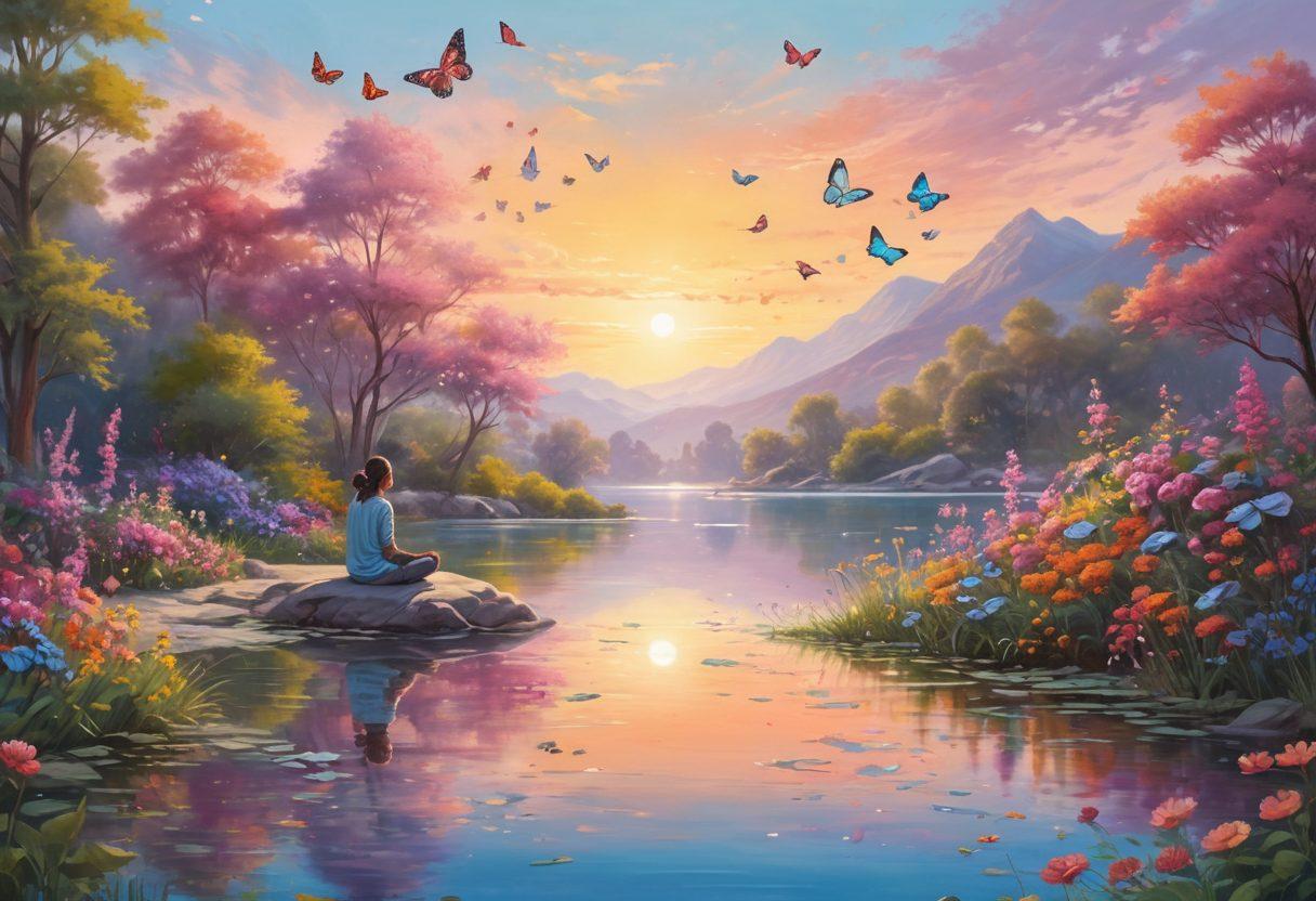 A serene landscape featuring a sunrise over a tranquil lake, with a person meditating on the shore surrounded by blooming flowers and vibrant butterflies. The scene radiates positivity and calmness, symbolizing personal transformation and bliss. Soft, pastel colors enhance the warmth of happiness and peace. surrealism. vibrant colors. high detail.